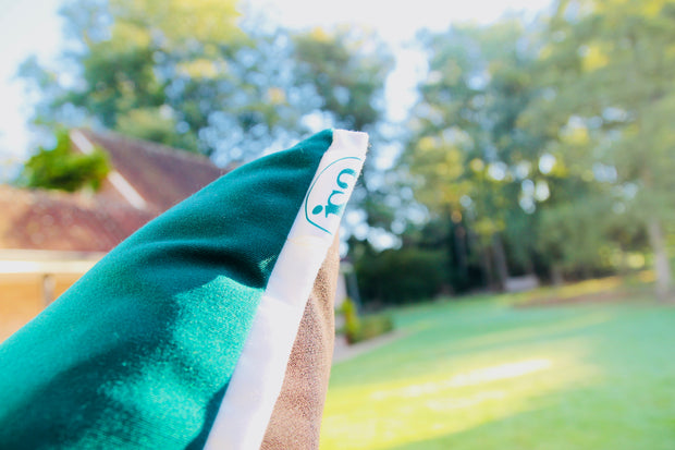 ISA - Two Handmade Outdoor Cushions - "Pieces" Blue/Green & Brown